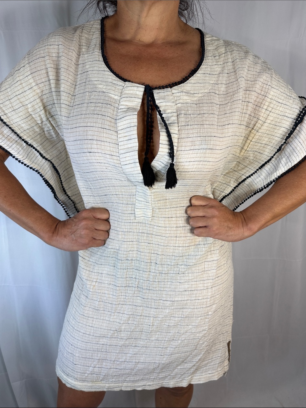 Mirth Ivory Gauze Tunic with Black Trim and Tassel Tie